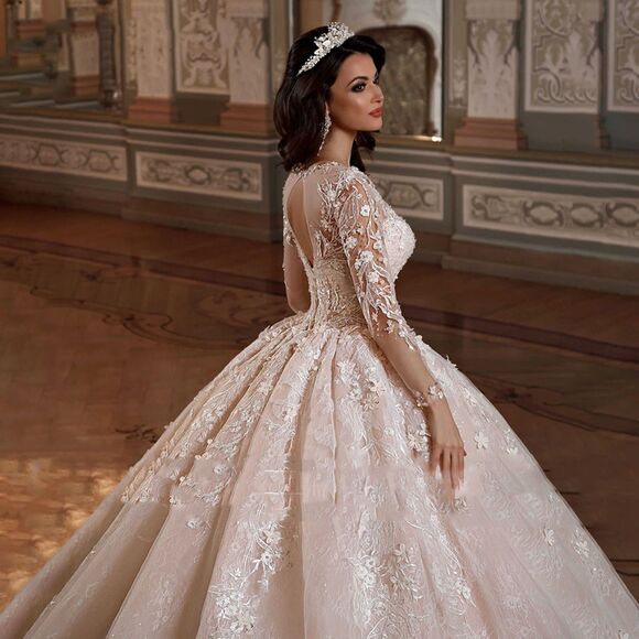 IS-NWT Luxury US18W Wedding Dress Long Sleeve Beading Flowers Scoop Wedding Gown - Picture 3 of 9